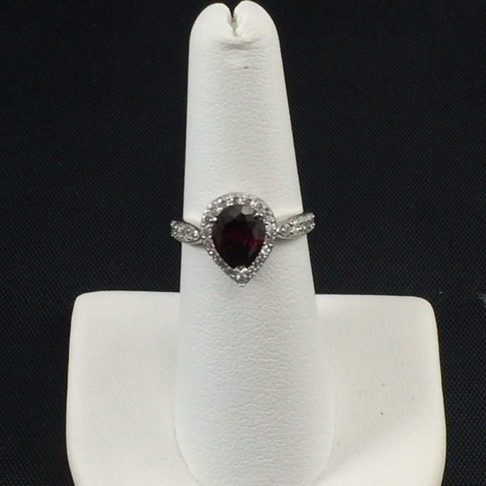 Garnet and white CZ ring, sterling silver